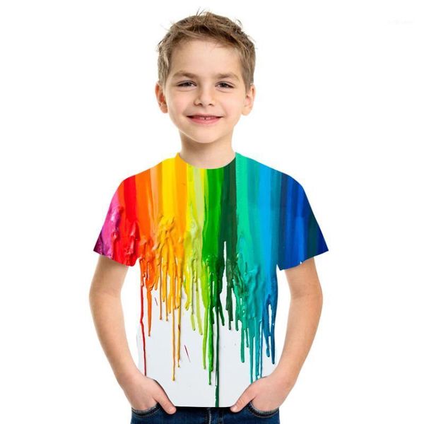 

children's summer style oil painting pattern round neck color book shirt short-sleeved t-shirt100-170cm men's t-shirts, White;black