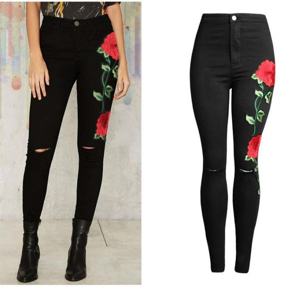 

embroidery flower high waist women jeans casual streetwear skinny black ripped denim pencil pants plus size women's, Blue