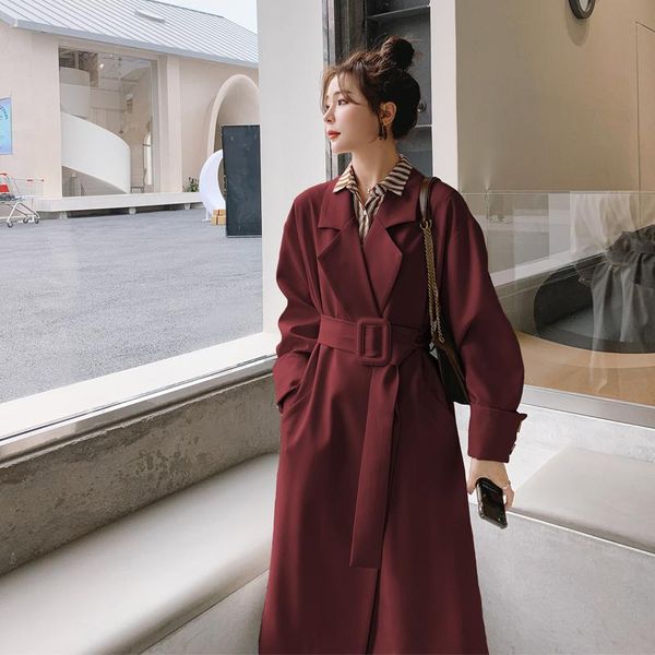 

women's trench coats spring autumn red coat for women vintage elegant solid color belt long black windbreaker lady loose yellow outerwe, Tan;black