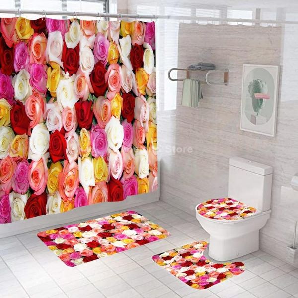

shower curtains colorful rose flower bathroom curtain bath sets toilet cover mat non-slip washroom rug set modern 180x180cm