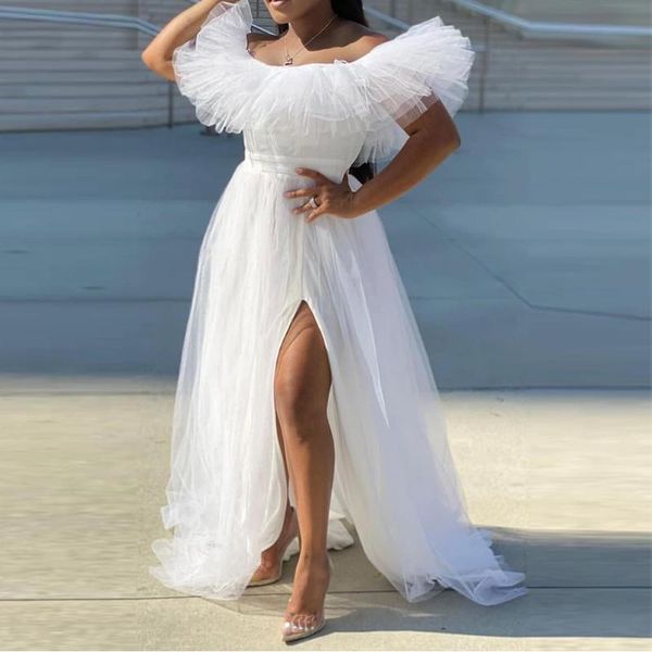 

party dresses rmsfe 2021 lady age reduction solid color screen gauze thin wrap chest one-line shoulder lotus leaf edge split dress, White;black