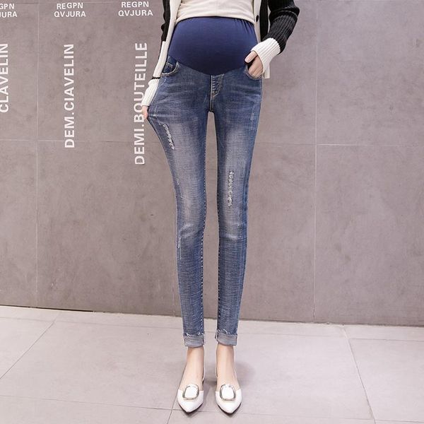 

maternity bottoms 2021 autumn fashion stretch denim jeans skinny pencil pants for pregnant women elastic waist belly pregnancy, White