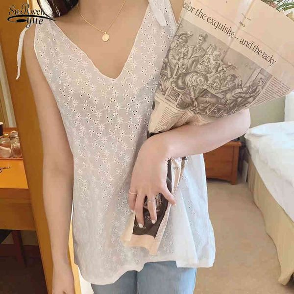 

summer sleeveless white loose tanks camis korean chic embroidered v-neck lace-up women tank vest hollow female 14367 210521