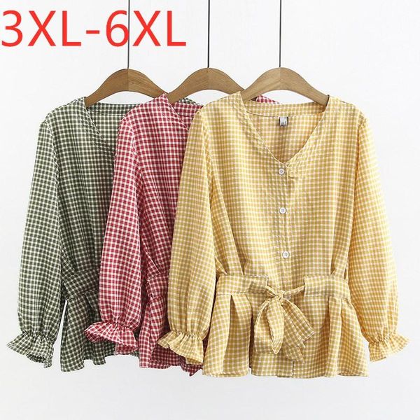 

women's blouses & shirts ladies autumn winter plus size for women large blouse long sleeve loose cotton yellow belt plaid shirt 3xl 4x, White