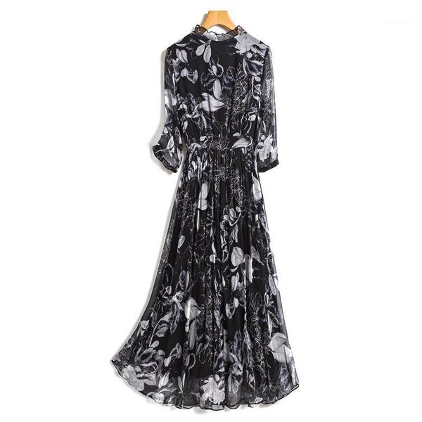 

casual dresses standing collar silk georgette flowered dress temperament-waist, Black;gray