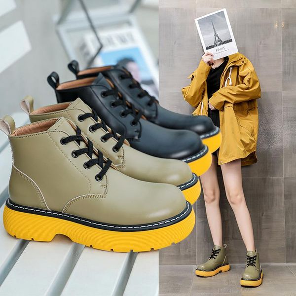 

boots thick-soled leather british style women's 2021 big-toed shoes heightening short and ankle, Black