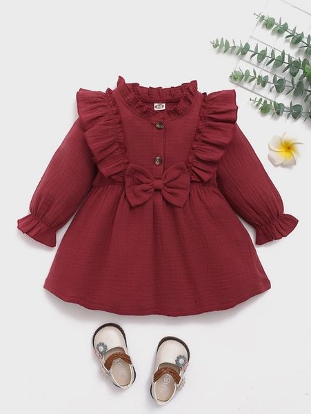 

baby girl ruffle trim bow front dress she, Red;yellow