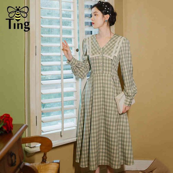 

vintage peter pan collar plaid casual a line dress women spring autumn midi long retro vestidos streetwear chic 210513, Black;gray