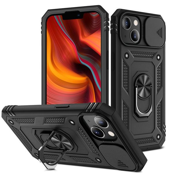 Tampa da câmera deslizada 3 em 1 caixa de telefone com suporte magnético anel para iPhone 13 12 11 Pro Max XR XS Samsung A02S A03S A12 A32 A52 S21 Ultra S20 FE TPU PC Protetor Shell