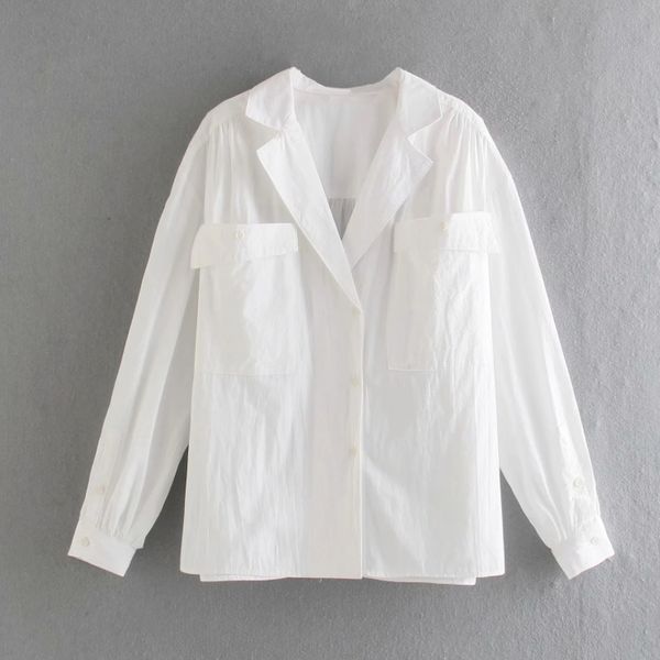 

spring women patch pocket loose white blouse female long sleeve shirt casual lady blusas s8692 210430
