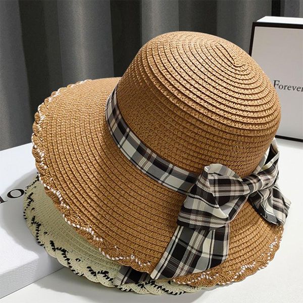 

wide brim hats bow tie breathable beach sun straw hat, Blue;gray