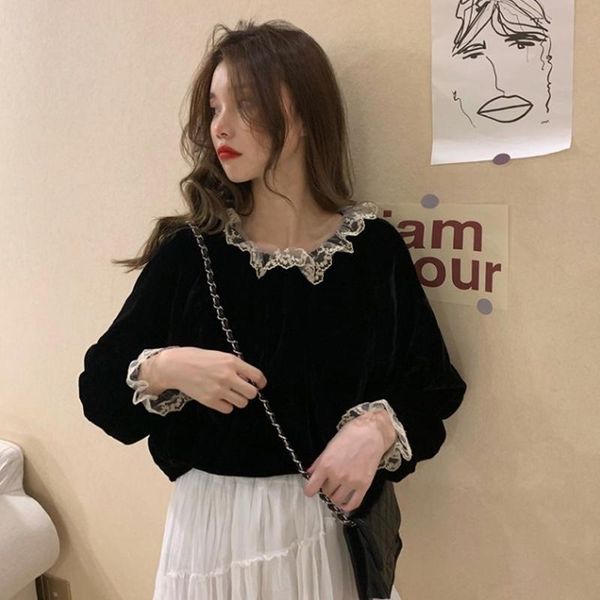 

women's blouses & shirts vintage pleuche patchwork lace long sleeve blouse women clothing fashion black casual loose hipster o-neck au, White