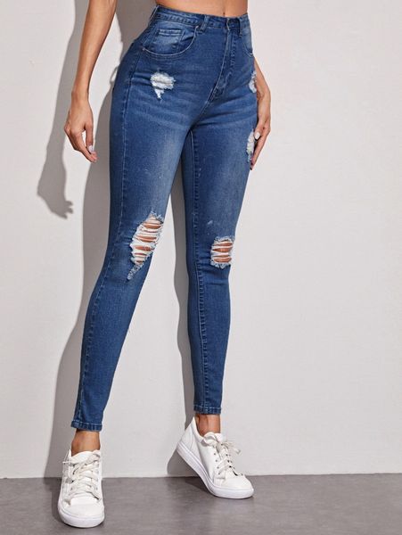 

high-waisted ripped skinny jeans b4zx#, Blue