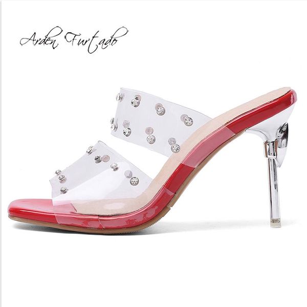 

slippers arden furtado summer fashion women's shoes red white classics stilettos heels elegant pvc large size 47 48, Black