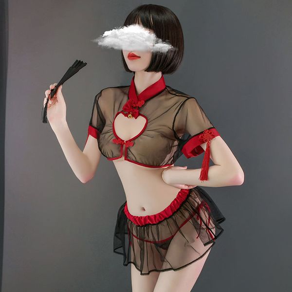 

new retro cheongsam pajamas set lingerie mesh knot with panty 3pcs lolita maid cosplay uniform female chinese style, Black;white