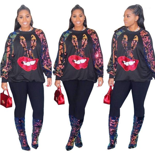 

women's casual fashion personality lip patch sequin t-shirt, White
