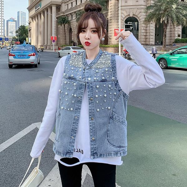 

women's vests pearl beaded light blue denim vest stand-up collar short big pocket women waistcoat vintage autumn casual jeans sleeveles, Black;white