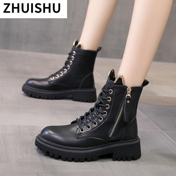

boots 2021autumn fashtion platform lace-up side ziper women's ankle metal decoration round head square heel, Black