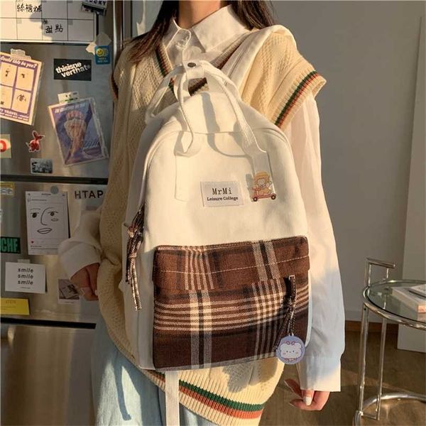 

female canvas backpacks for school teenagers girls small fresh plaid bag kawaii bookbag korean college mochilas 211026