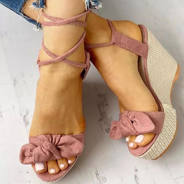 

european and american fashion women's wedge fish mouth sandals 2021 foot ring straps bowknot plus size dress shoes, Black
