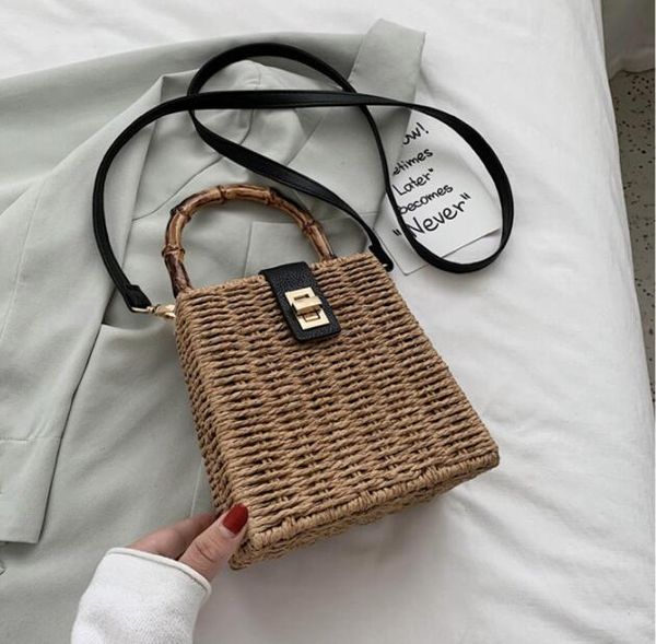 

factory wholesale women handbag small fresh summer fashionable woven handbag personalized straw beach bag street woven summer messenger bag, Black;red