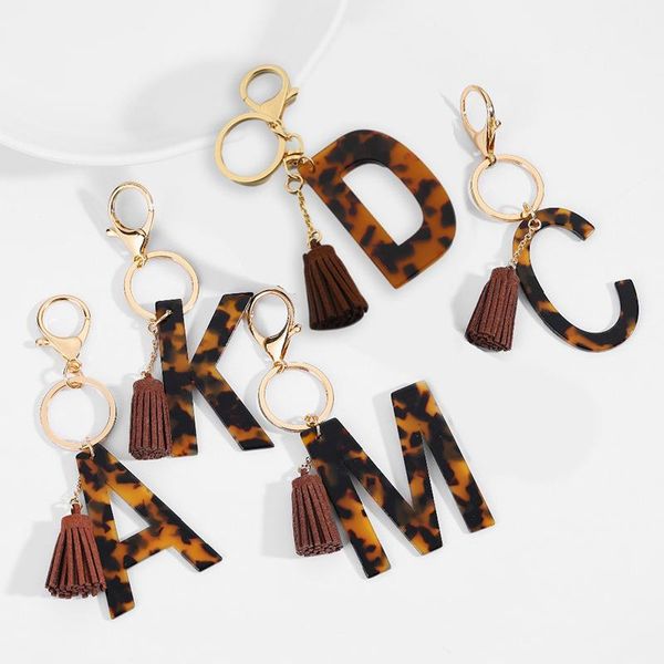 

keychains 1pc retro a-z initial acrylic tassel keychain women classic leopard print pendant charm bags key holders girl's gifts, Silver