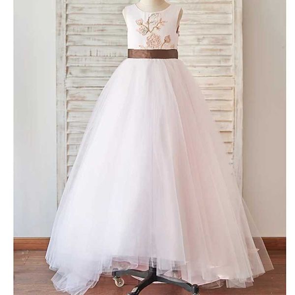 

girl's dresses princess floor length flower girl wedding tulle sleeveless jewel neck with belt, Red;yellow