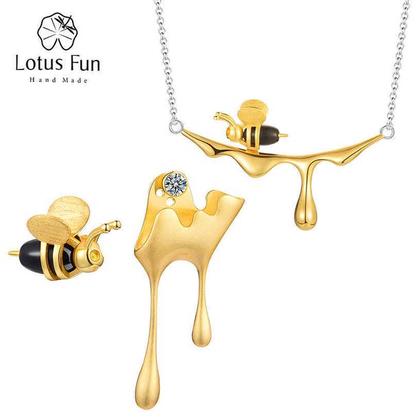 

lotus fun real 925 sterling silver handmade designer fine jewelry 18k gold bee and dripping honey set for women gift 210628