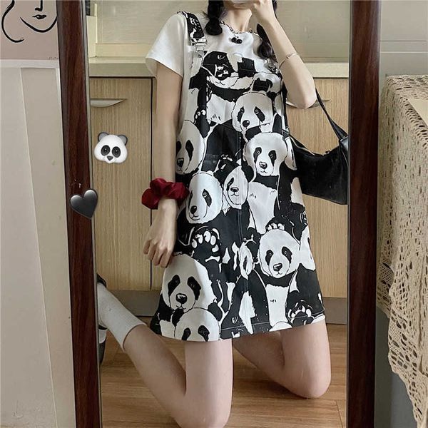 

casual dresses summer women mini skirt korean style kawaii panda print short suspender skirts teen girls overalls jupon 0jn3, Black;gray
