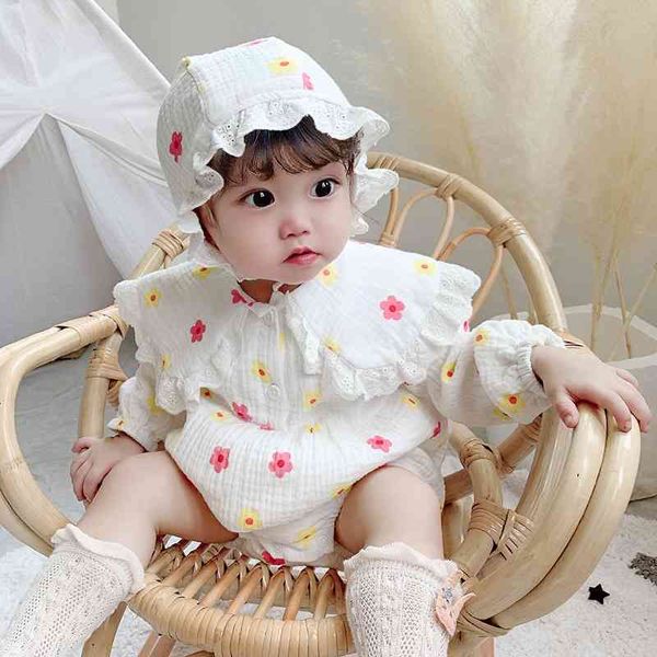 Pagliaccetto per bambina in stile coreano con cappello nato dolce tuta in cotone Corea vestiti autunnali per neonati 210615