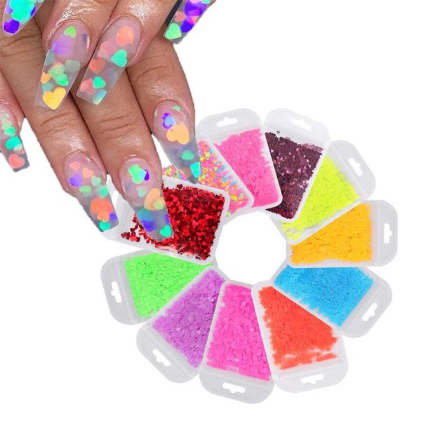 

nail art decorations fluorescent heart shape glitter sequins 3d neon mixed size flakes slice for manicure valentines polish accessories, Silver;gold