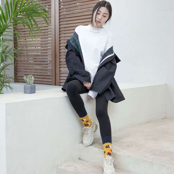 

socks women's medium tube socks spring summer cotton autumn couple cartoon children, Black;white