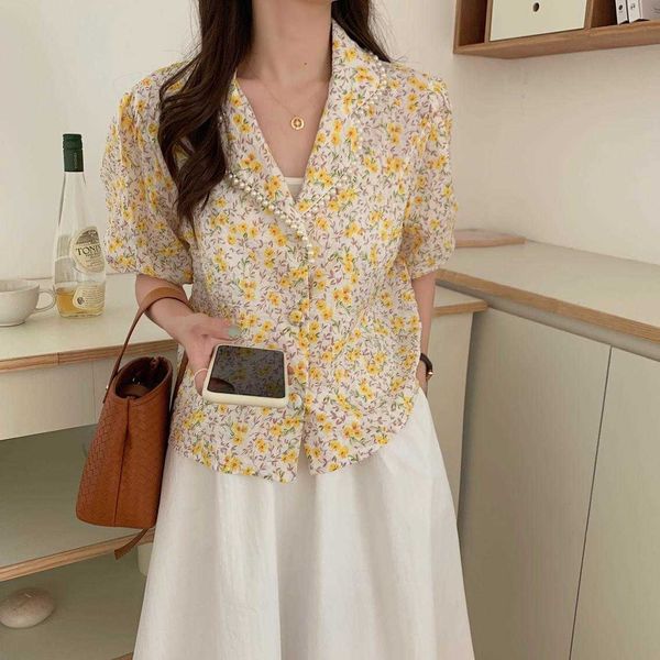 

women's blouses & shirts floral print summer blouse women korean single breasted pearls turn down collar short sleeve casual, White