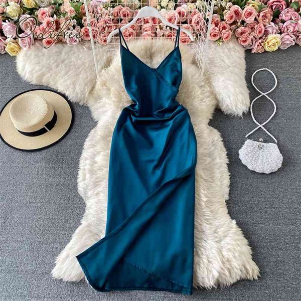 

summer women satin slip dress spaghetti strap sleeveless vintage silk slit party 210513, Black;gray