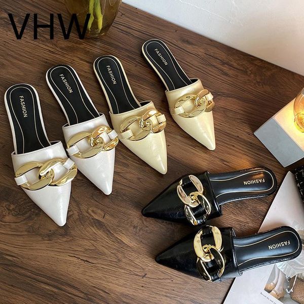 

women mules shoes 2021 summer elegant luxury metal decoration sandals fashion leather closed pointed toe lightweight slippers, Black