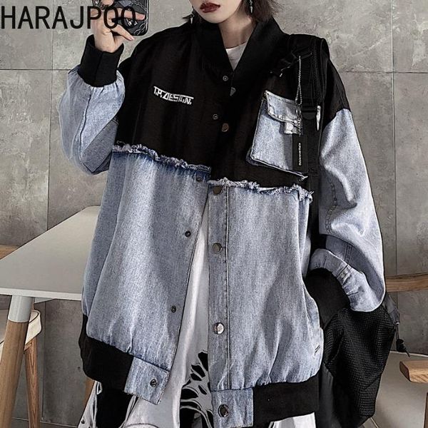 

women's jackets harajpoo women 2021 spring autumn korean ins female port style stitching letter embroidery loose casual denim coats, Black;brown