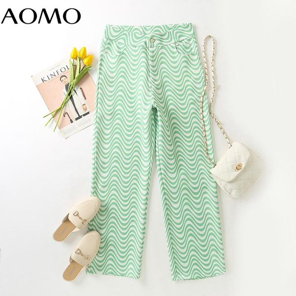 

women's pants & capris aomo fashion women green wave suit trousers pockets buttons office lady pantalon an25a, Black;white