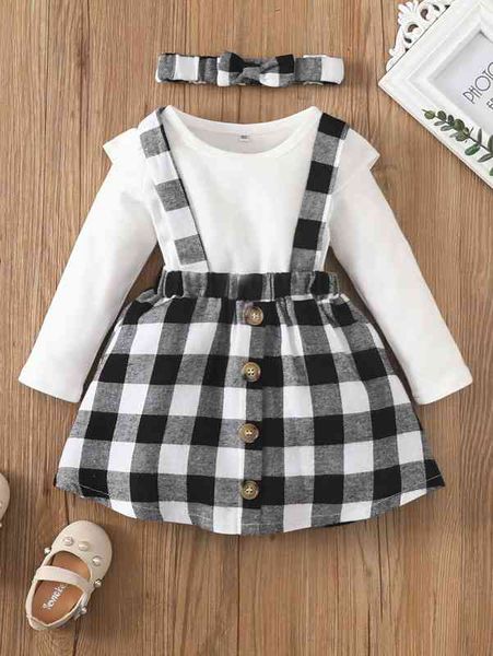 

baby ruffle trim tee & buffalo plaid pinafore skirt with headband she, White