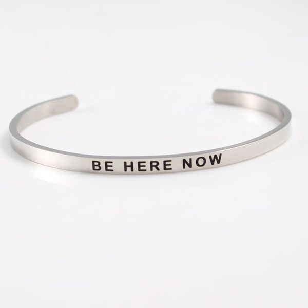 

"be here now" custom stainless steel engraved bracelet personalized positive inspirational mantra & bangle, Black
