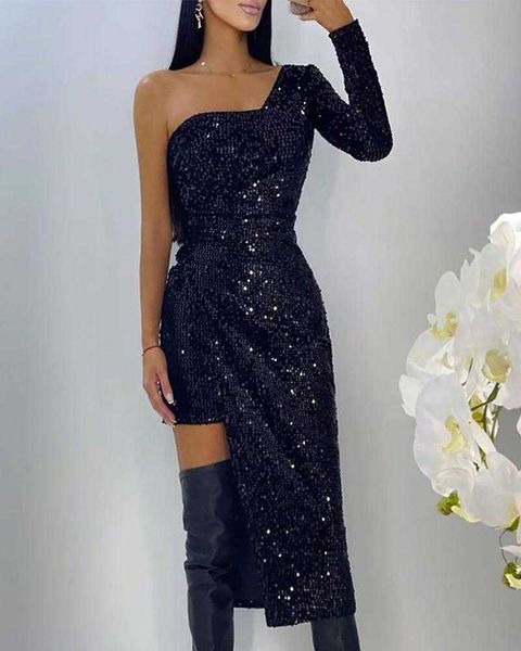 

women's new black sequin asymmetric one shoulder dress y1006, Black;gray