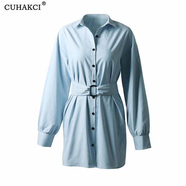 

casual dresses 2021 vintage women classic shirt dress fashion lantern sleeve short lace up belt cotton mini vestidos, Black;gray