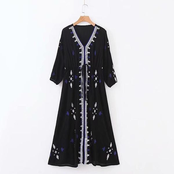 

casual dresses perhaps u black white red indie folk embroidery v neck sash long sleeve maxi holiday dress loose lace up d1293, Black;gray