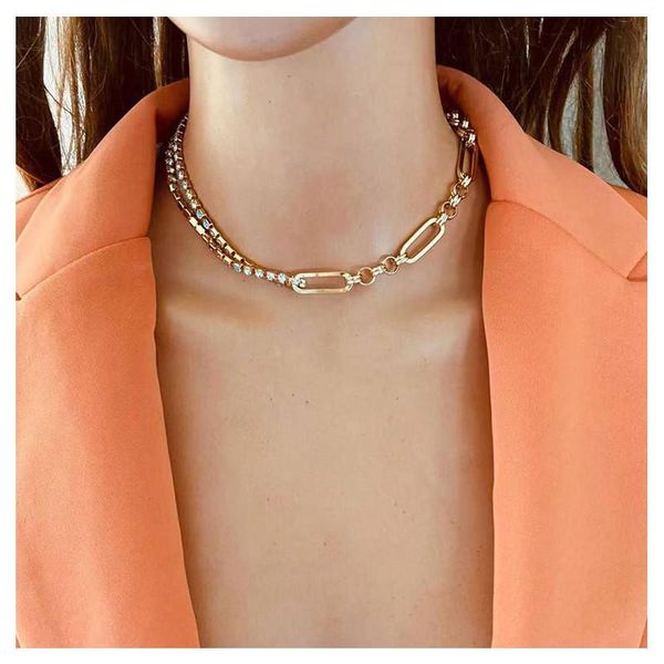 

chokers fashion asymfashion asymmetric lock necklace for women twist gold color splicing rhinestone choker chain necklaces party jewelry, Golden;silver