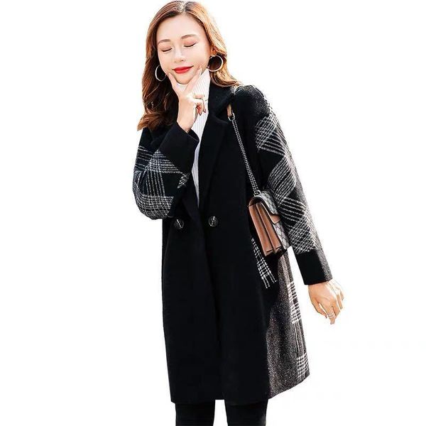 

women's wool & blends woolen coat women 's fashion simple winter loose plaid, Black