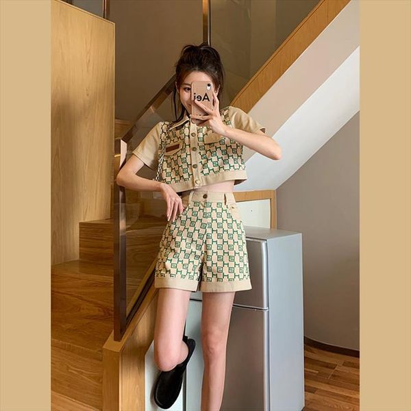 

vintage casual two piece womens tracksuits suit summer short sleeved shirt crop wide leg shorts sets womans clothing, Gray