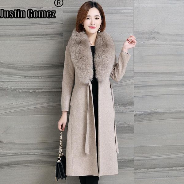 

women's wool & blends trendy warm elegant fur slim cashmere coat simple classic style long autumn women pockets basic, Black