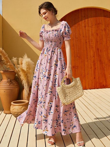 

floral square neck shirred a-line dress o9rt#, Black;gray