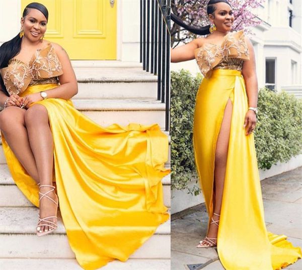 

aso ebi 2021 arabic plus size yellow lace evening dresses sheath high split satin prom formal party seond reception gowns zj322, Black;red