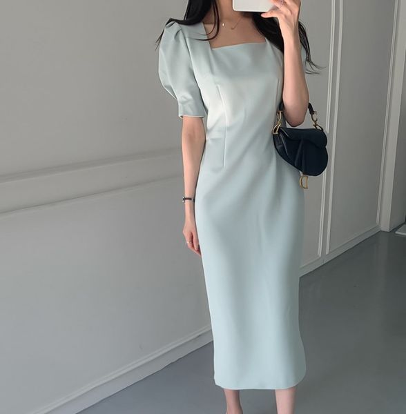 

elegant women dresses high waist square collar puff sleeve vintage short sleeve solid collect waist midi dress vestidos 210514, Black;gray
