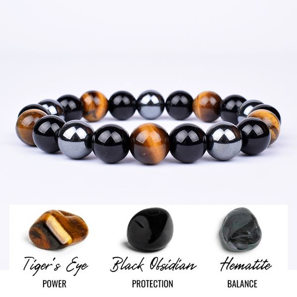 Mode Naturstein Tigerauge Dreifachschutz Hämatit und Obsidian Armband Gesundheit Balance Heilung Seele Schmuck